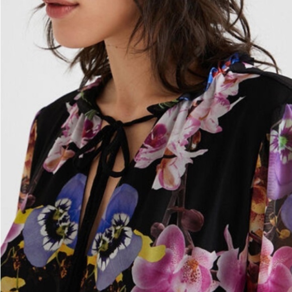 Desigual Lacroix Floral Knee Length Dress XS Multicolor Long Sleeve Ruffle - Picture 11 of 11